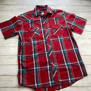 Wrangler Men's BIG & TALL Western Pearl Snap Button Short Sleeve Red Plaid 16.5